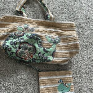 Vera Bradley Tan and Green Whale Tote Bag